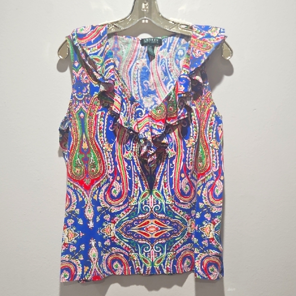 Ralph Lauren Ruffle Blouse Top, Colourful Paisley Print, Stretch, Size 2x